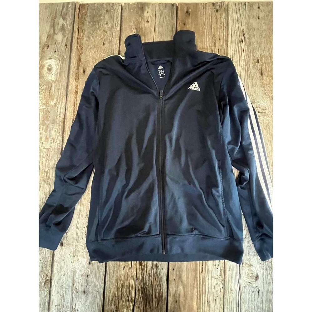 Adidas Mens Navy Blue Full Zip Track Jacket White 3 Stripe Large L Sportswear
